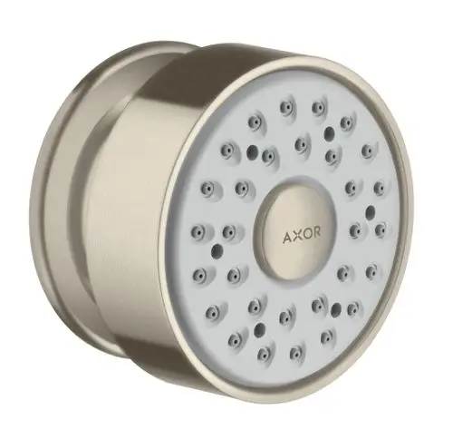 Runde Seitenbrause in Brushed Nickel mit mehreren Düsen, hergestellt von Hansgrohe. Die Oberfläche ist glatt und der zentrale Bereich ist beschriftet.